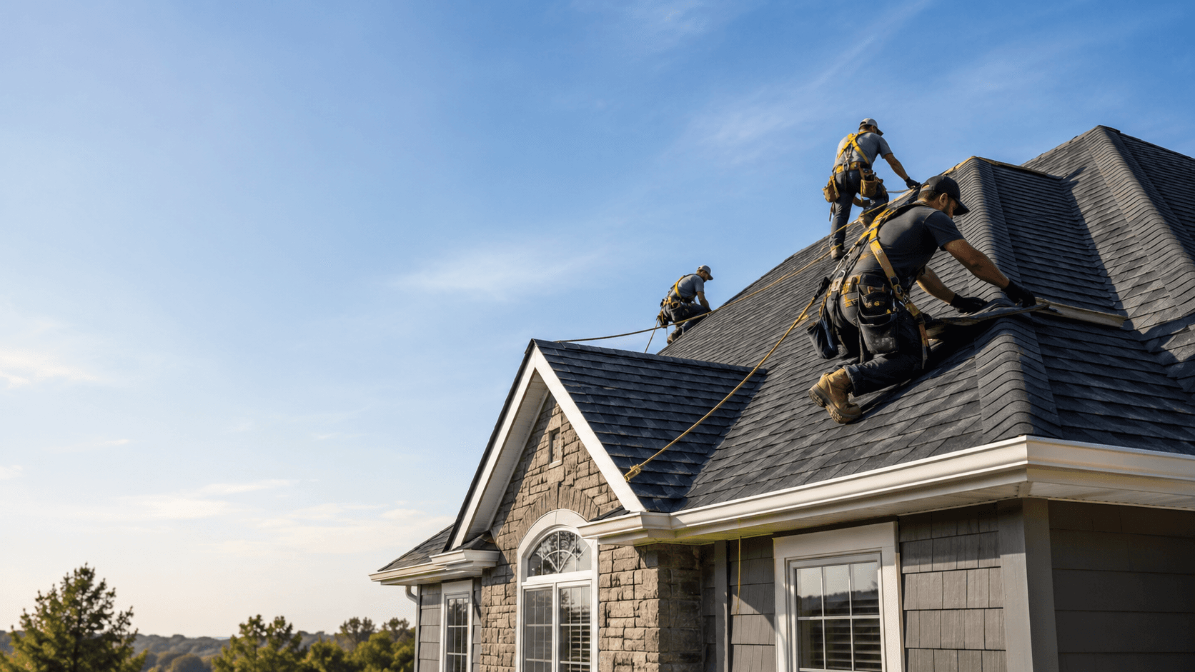 A newly installed asphalt shingle roof on a two-story home under a clear sky.