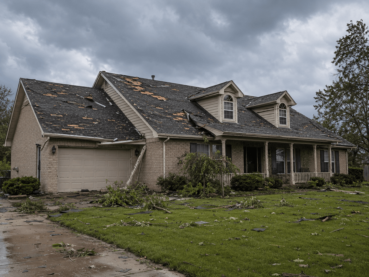 Wind-damaged shingles along a roof ridge before repair.